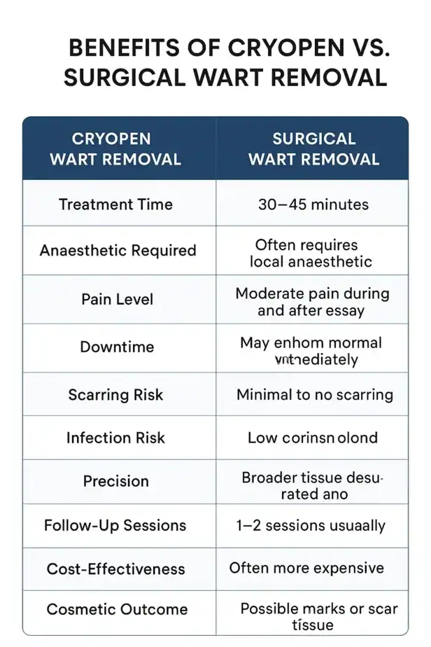 Table showing the benefits of cryopen to remove warts West Sussex compared to surgical treatment