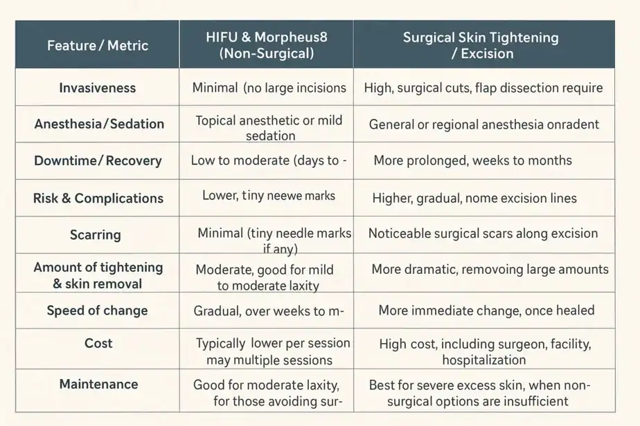 Table showing benefits of Lipo Freeze 2 U West Sussex treatments for skin tightening following weight loss injections.